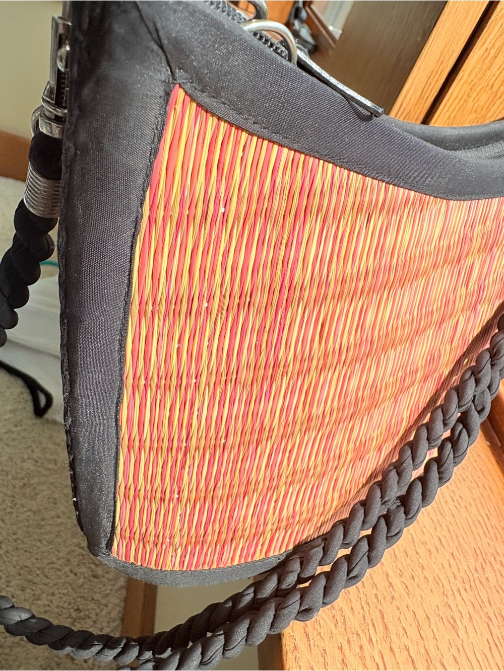Baskets Of Cambodia Woven Bamboo Black Pink Tan Convertible Zip Shoulder Clutch